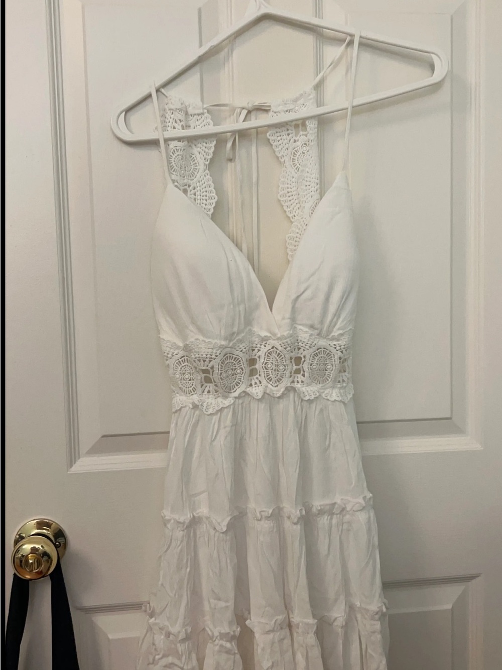 iris White Crochet Waist Tiered Midi Dress